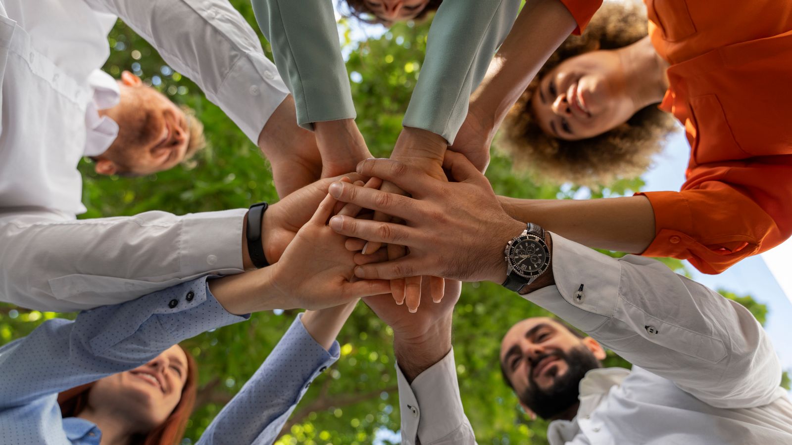 Five colleagues stack their hands together in a circle outdoors, seen from below against sunlit trees