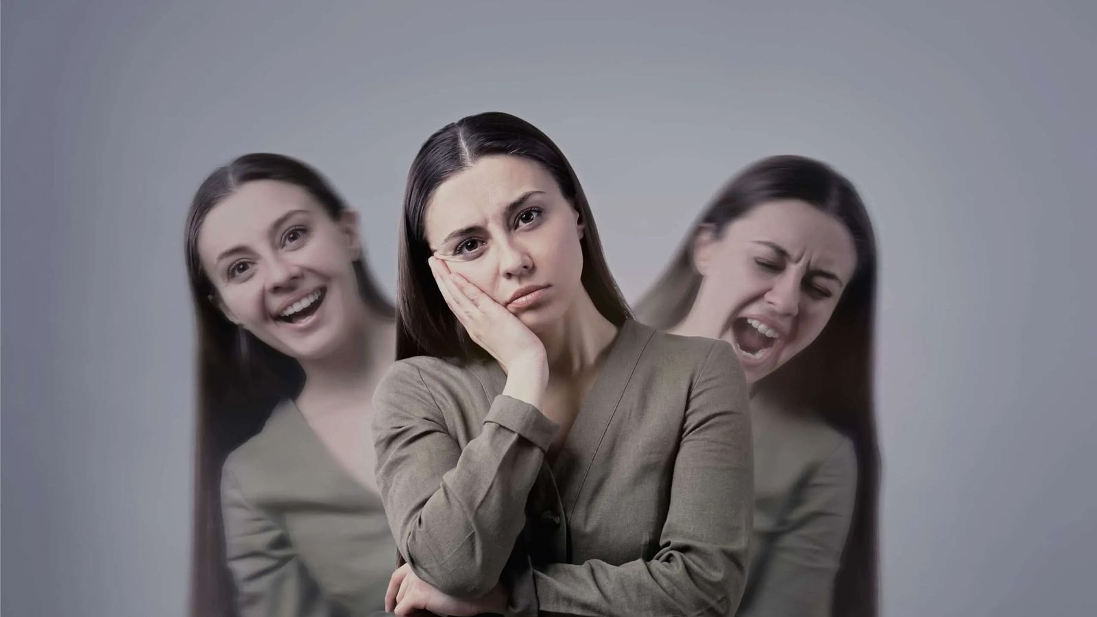 A woman resting her cheek on her hand, with blurred images of herself laughing and shouting behind