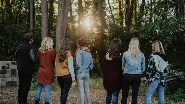 A group of friends stands side by side with their backs to the camera, facing sunlight through autumn woods