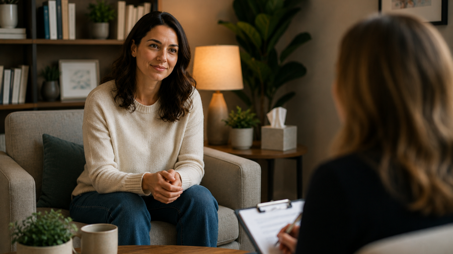 A woman in an armchair speaks with a therapist holding a clipboard in a warm, lamplit office